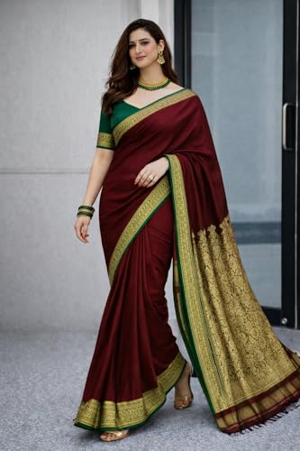 Image of Women's Glory Banarasi Satin Silk Saree with Rich Zari Woven Border & Pallu | Soft Glossy Party Fancy Traditional Saree for Wedding, Festive, Function | Blouse Piece Included