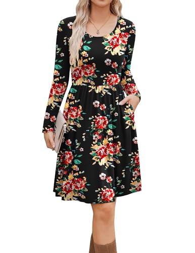 Zeagoo Damen Kleider Langarm Rundhals Freizeitkleider Elegant Tunika Kleid A-Linie Midikleid Mit Taschen XL