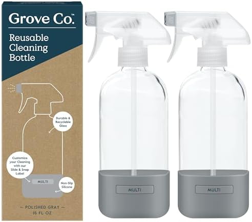 Grove Co. Glass Spray Bottles for Cleaning Solutions, 2-Pack Bundle, Unique Silicon Sleeve Slide & Snap Custom Label, Refillable Spray Bottle, Made from Recycled Glass, 2 x 16oz