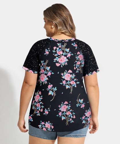 Image of CARCOS Plus Size Tops for Women Short Sleeve Raglan Striped Tee Color Block Crewneck /V Neck Tunic Loose Fit Summer XL-5XL