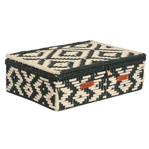 Image of Kaahira Handmade Decorative Storage Box and Organiser | Macrame Gift Hamper Box for Cosmetics, Toiletries & Return Gifts | Aesthetic Rope Woven Organizer (Green and White, Medium - 10x8x4 inches)