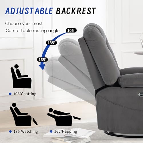 Image of Power Swivel Rocker Recliner Chair for Adults, Electric Rocking Recliner with Massage and Heat for Living Room Bedroom, Fabric Reclining Sofa Chair with USB and Type-C Ports,Gray
