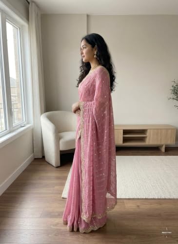 Image of RADHA Women's Embroidery Work Saree with Designer Border for Festive and Traditional Ethnic Drape Saree with Detailed Thread Style Pattern and Elegant Occasion Look