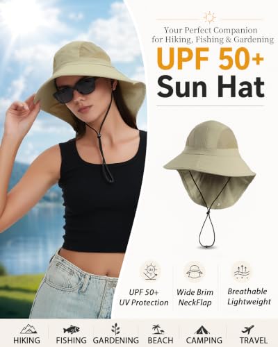 Image of Sun Hat UPF50+, Breathable Wide Brim Bucket Hat Outdoor for Hiking Garden | Large-Area Neck Flap, Water-Resistant Nylon , Blocks 99% UV radiation, lightweight, moisture-wicking,Quick-Dry for Women Men