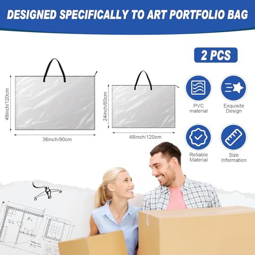 Image of Tenceur 2 Pcs Art Portfolio Case 24 x 36 and 48 x 36 Inch Large Poster Storage Bag PVC Art Portfolio Container with Zipper and Handle Bulletin Board Clear Storage Folder for Artwork