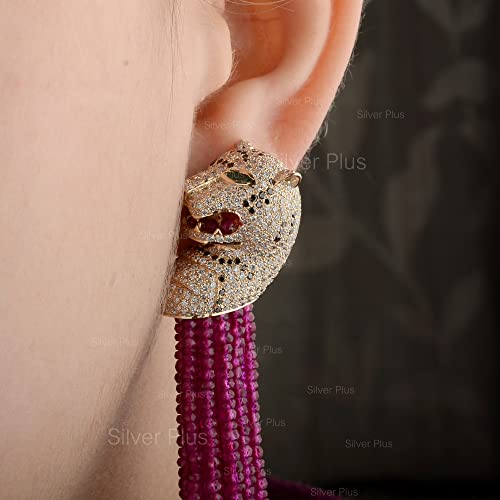 Genuine Dangle Cluster Pink Ruby Beads & Emerald Eye Diamond Panther Earrings Solid 18K Yellow Gold Handmade Animal Jewelry #TOP4