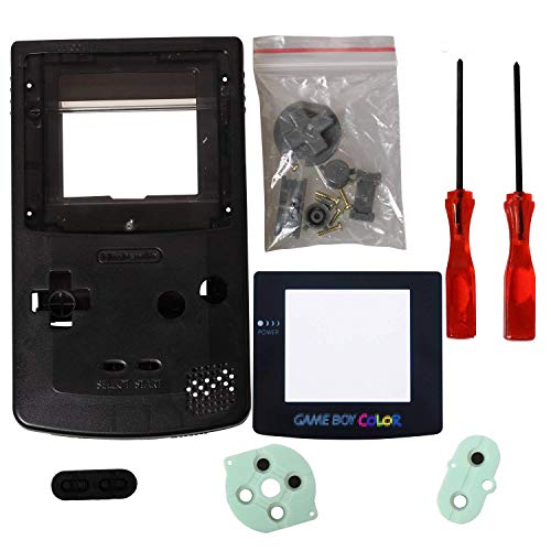 eJiasu Full Replace Parts Housing Shell Pack Replacement for GBC Gameboy Color Shell(Transparent Black Case with Lens and Screwdriver)
