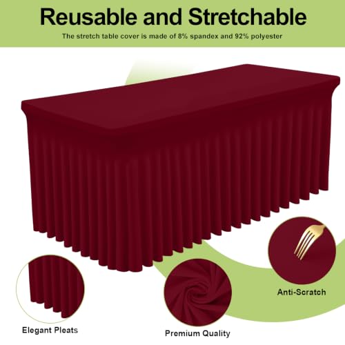 Image of Smiry 2 Pack Spandex Elastic Fitted Table Cloth Skirt for 6FT Table | Stretch Washable Table Cloth, Banquet Table Cover for Wedding, Party, Indoor & Trade Shows, (Wine Red, 72Lx30Wx30H)