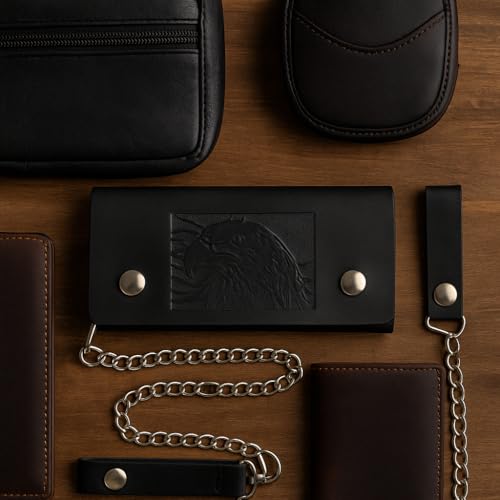 MARSHAL Men's Genuine Leather Long Chain Biker Wallet Black Billfold Trucker3