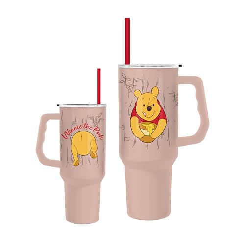 Image of Silver Buffalo Winnie the Pooh Stainless Steel Tumbler with Handle, 40oz | Stuck in tree artwork, double-wall insulation, reusable straw lid, fits most cup holders
