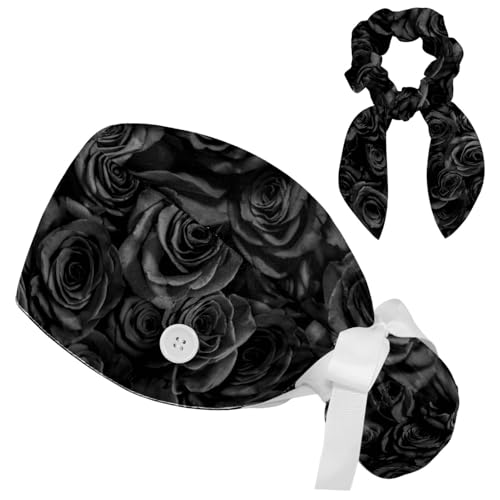 Image of Red Blooming Rose Flowers Black Working Cap with Scrunchy and Ribbon Tie for Women, Long Hair