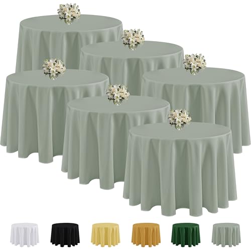 Fitable 6 Pack Sage Green Round Tablecloths - 120 Inches Round - Wrinkle and Stain Resistant Fabric Table Clothes, Washable Polyester Table Covers for Wedding, Party, Banquet, Formal Events