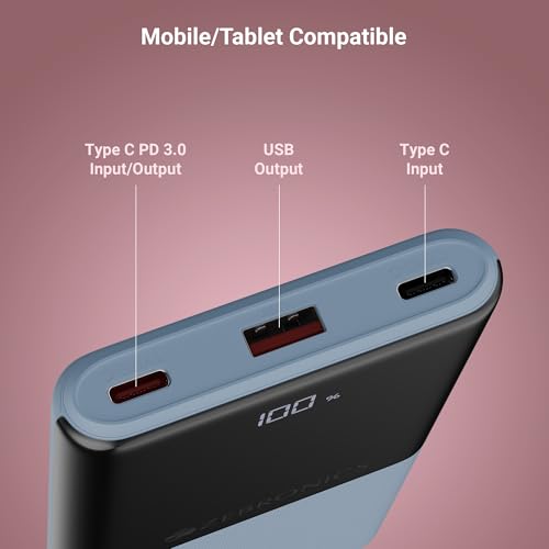 Image of ZEBRONICS 10000 mAh Power Bank | 22.5W Super Fast Charging | PD3.0 (PPS) | Dual Type-C & USB-A | LED Percentage Display | Sleek /Texured Body | for All Mobiles, Tablet, Earbuds, EnergiPod 10R1 (Blue)