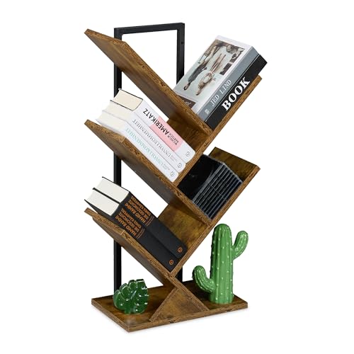 Relaxdays Estantería Libros, 4 Niveles, Librería Árbol, 71x40x21,5 cm, para CDs y DVDs, Salón, Despacho, Marrón y Negro, Tablero de Fibras, Acero