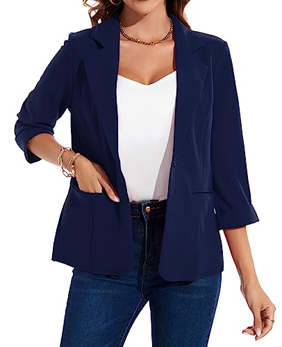 MINTLIMIT Womens Blazer Rolled 3/4 Sleeve Notched Lapel Business Work Jackets One Button Casual Blazers with Pockets4