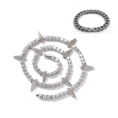 2 Stück schwarze Panther Halskette Tenniskette & Armband für Herren - Hip Hop Metall Punk-Stil leuchtet im Dunkeln Zirkonia Halskette 50,8 cm, Silber Cover