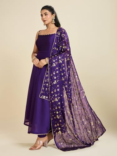 Image of UFB Purple Anarkali Kurta with Embroidered Dupatta, Sleeveless Square Neck Design