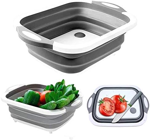 Collapsible Cutting Board, 3 in 1 Chopping Board with Drain Plug, Wash Basin & Dish tub & Colander, Multifunctional for Washing, Camping, Picnic & BBQ