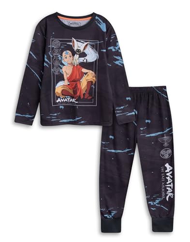 NICKELODEON AVATAR THE LAST AIRBENDER Aang Appa Boys Black Long Sleeve Long Leg Pyjama Set | Kids Sleepwear with Character Print | Ideal for Bedtime & Loungewear | Avatar Merch - 9-10 Years
