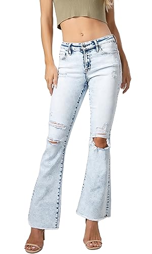 ONESO Womens Flare Jeans Mid Waist Stretchy Ripped Raw Hem Destroyed Jeans for Women Denim Pants