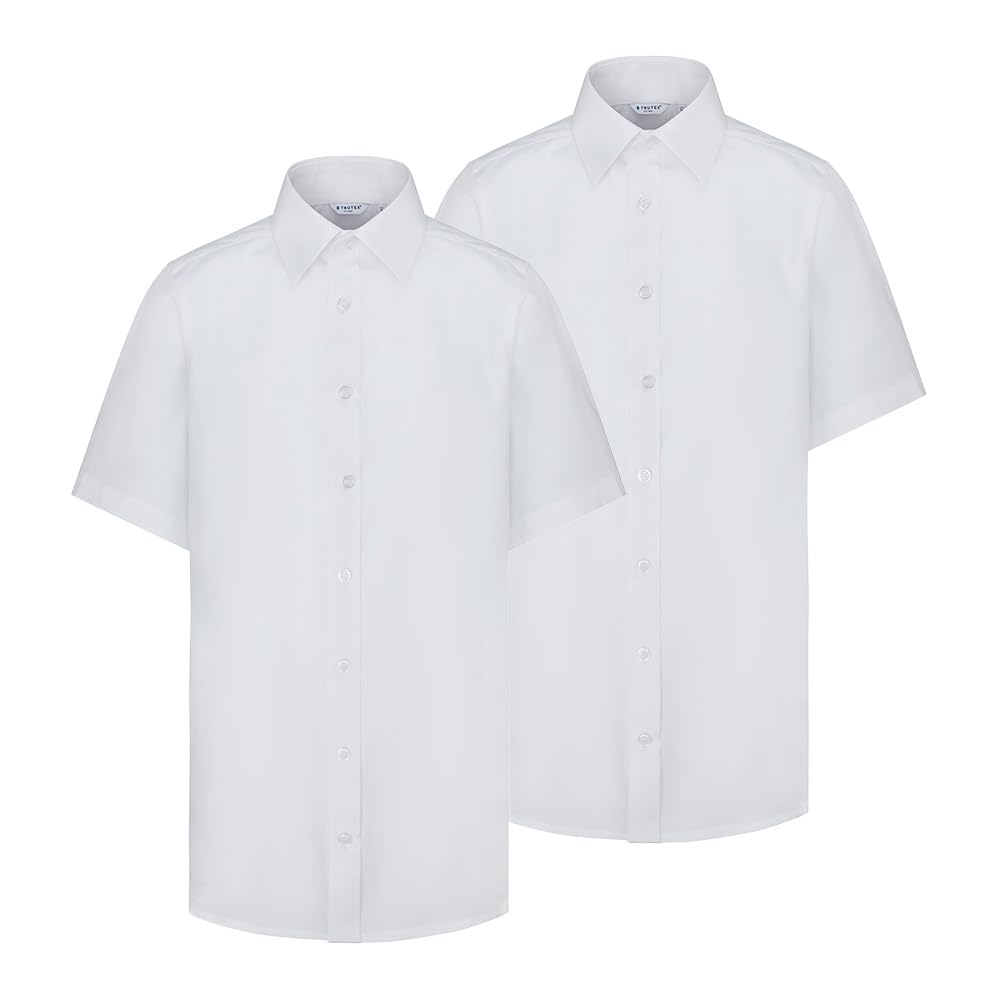 Trutex Pack de 2 camisas escolares básicas de manga corta para niños (3-16+ años), color blanco. Camisas Blancas Regular Fit para Niños, Camisas Blancas Easy Iron para Niños, Camisa Blanca con
