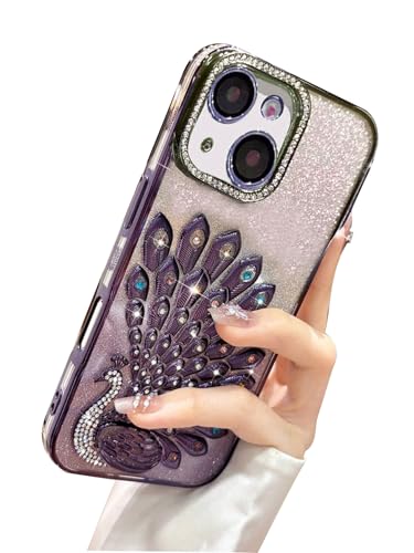Image of mobistyle Case for iPhone 15 Plus,3D Diamond Luxury Electroplate Glitter Peacock Tail Bling Design Camera Protection Shockproof Phone Case for (Purple, iPhone 15 Plus)