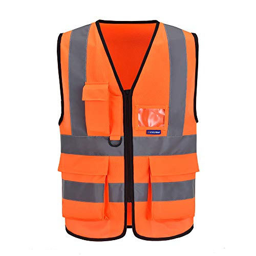 Image of ANSI /ISEA Standard Class 2 Hi-Vis Vest, Clear ID, Zip, Orange, 2XL | Orange 2XL Class 2 safety vest with 7 pockets, reinforced pockets and front zipper for railway operations and road work.