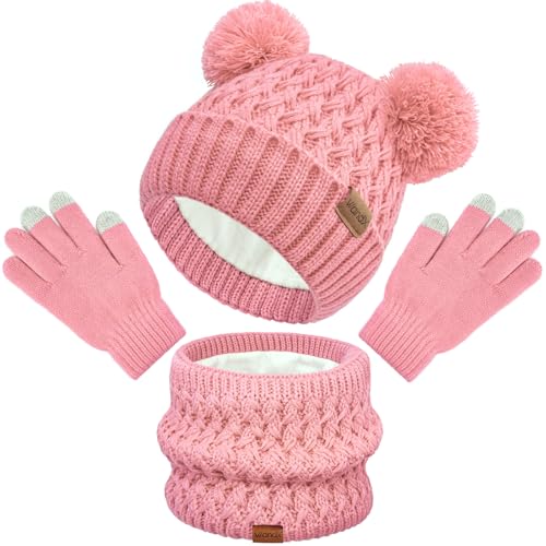 Wandx Kids Winter Hat Gloves Scarf Set Fleece Lined Beanie with Pom knitted Neck Warmer for Boys Girls Aged 2-15 Cold Weather (Pink 2-8 Year)