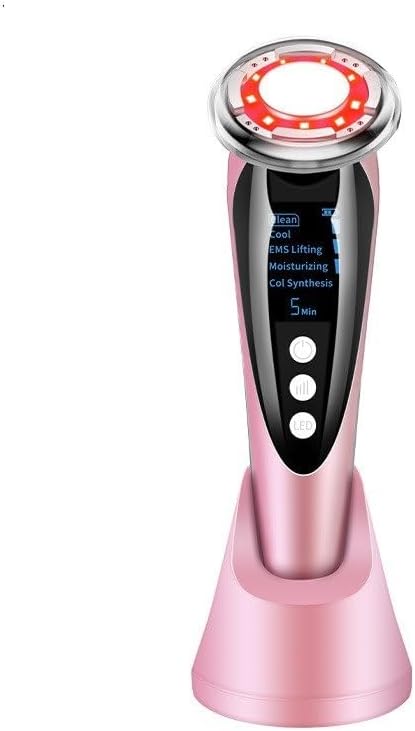 EMS Hot and Cold Facial Massager, 7-in-1 Multifunctional Beauty Device with Red Blue Light Therapy, Anti-Aging Skin Tightening and Pore Minimizing Tool (Pink)