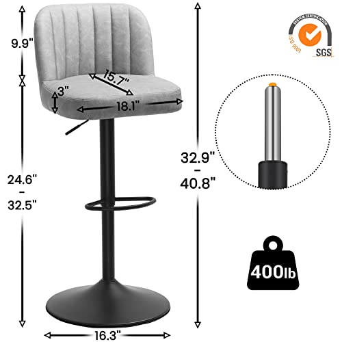 Dictac Grey Leather Bar Stools Set Of 2, Adjustable Bar Chairs Counter Height, Swivel Barstools For Kitchen, Capacity 400Lbs #TOP1