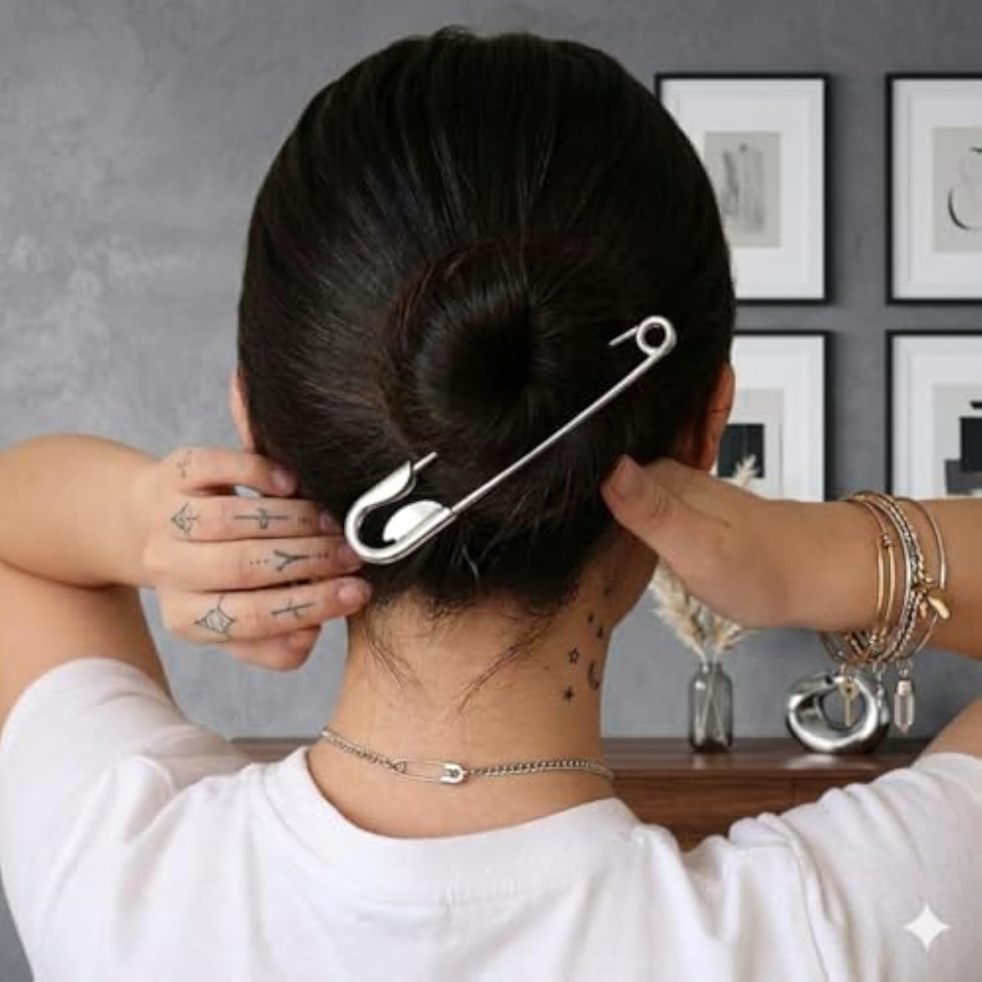 Oversized Safety Pin Hair Clip, Silver Metal Bun Holder