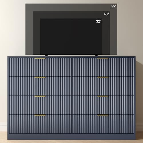 Image of Blue Fluted Dresser Bedroom with 8 Drawer,55 inch Wide White Double Drawer Dresser Modern Chest of Drawers with Gold Handles,Wood TV Stand for Bedroom,Living Room (Blue, 8 Drawer Dresser)