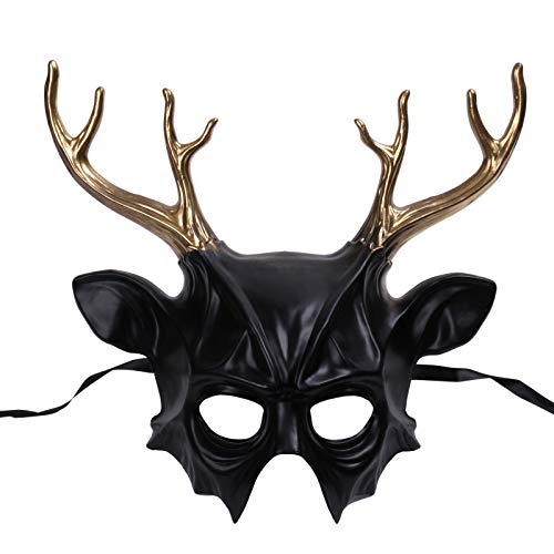 ILOVEMASKS Halloween Monster Devil Masquerade Full Face Scary Mask Creepy Wendigo Horns Evil Devil Mask, Antler Deer Horns Devil Skull Cosplay Costume Masquerade for Halloween Black Gold Horns Mask