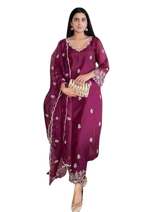 Image of Royal Export Women's Kurta Set | Viscose Silk Floral Embroidered Straight Kurta Pant Dupatta Set Kurta Sets for Women | Ladies Kurta Set