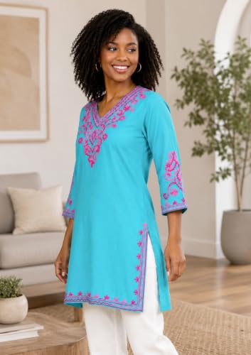 Image of Embroidered Chikankari Kurti with Kashmiri Aari Work, V-Neck, 3 /4 Sleeves, Rayon Fabric