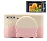 Pocoukate Case for Canon PowerShot SX740 HS Camera with Screen Protector, Soft Silicone Protective Skin with Removable Lens Cover for SX740/SX730 HS Accessories Rubber - Misty White Sakura Pink ﻿