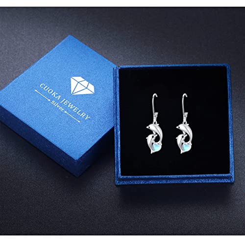 Dolphin Earrings For Women, Sterling Silver With Blue Heart Shaped Crystals Circle Hoop Earrings Ocean Nautical Cute Animal Sailor Drop Earrings For Sensitive Ears Jewelry Gift For Best Friend (Moonstone Dolphin) #TOP6