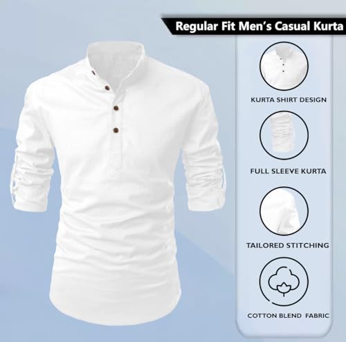 Image of Zombom Men's Solid Cotton Polyester Blend Casual Regular Fit Mandarin /Chinese Collor Full Sleeve Kurta Shirt for Men