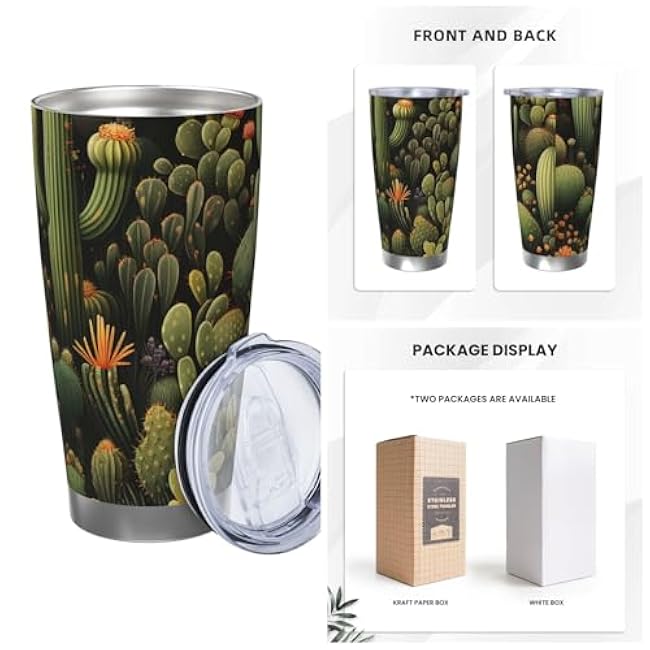 20 oz Tumbler Stainless Steel Insulated Travel Coffee Mug with Lid and Straw Car Travel Mug Double Wall Vacuum Coffee Cup Green Cactus Thermal Cup for Hot & Cold Drinks