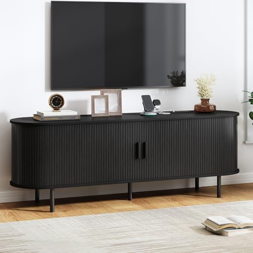 Image of 63 inch TV Stand with Power Outlet, Modern Media Console with Sliding Doors, Entertainment Center for TVs up to 60 Inch, Adjustable Shelves, Black