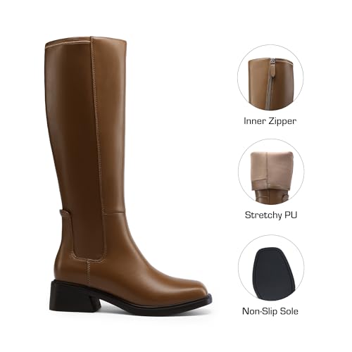 DREAM PAIRS DREAM PAIRS Women's Knee High Boots Square Toe Low Block Heel Casual Comfort Riding Long Boots with Side Zipper,Size 6.5,Khaki,DWUMKB2530