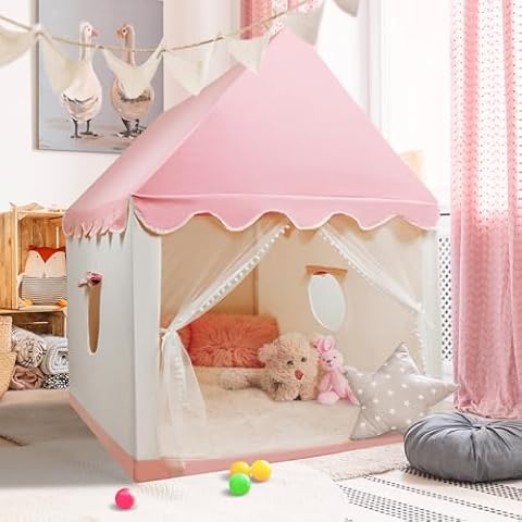 LOJETON Kids Play Tent, Princess Playhouse for Girls, Indoor & Outdoor Large Fairy Castle Tent for Toddler Children, Gift Toy House with Pom Poms Door Curtains & Windows, Pink Tents Cover