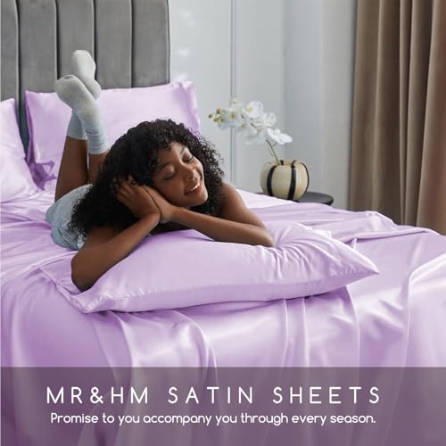 Image of MR&HM Satin Bed Sheets with Elastic Corner Straps, King Size Sheets Set, 4 Pcs Silky Bedding Set with 15 Inches Deep Pocket for Mattress (King, Lilac)