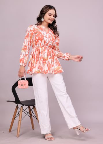 Image of NEW Women's Stylish Brown Polka Dot Crepe Fabric Tunic Top | Full Sleeves Collared Neck Peplum | Flared Fit Trendy Ladies Top
