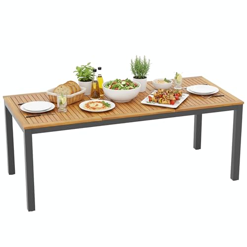 Tangkula 79' Acacia Wood Outdoor Dining Table for 8, Patio Table with Umbrella Hole, Metal Legs & Adjustable Foot Pads, Rectangular 8-Person Outside Table for Garden, Poolside & Backyard