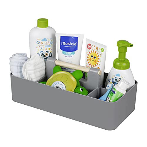 Image of Baby Shower Caddy Plastic Nursery Portable Storage Organizer Caddy Tote for Child/Kids, Divided Basket Bin with Wood Handle for Bathroom, Dorm Room, Holdsn Bottles, Spoons, Gray