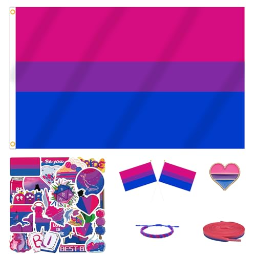 MEPLUM PRIDE 3x5 FT Bi Bisexual Flag Bundle for LGBTQ+ Accessories Present Celebration Parades Home Decor Party Supplies Festivals
