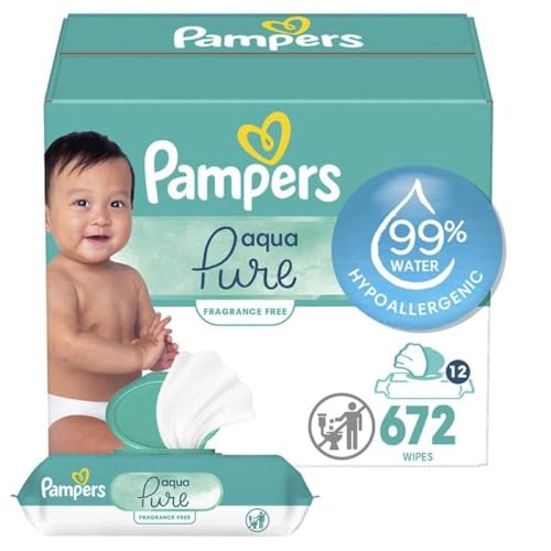 Image of Pampers Baby Wipes Aqua Pure, 99% water-based wipes, Hypoallergenic and Unscented Baby Wipes, 672 Wipes Total (12 Flip-Top Packs)