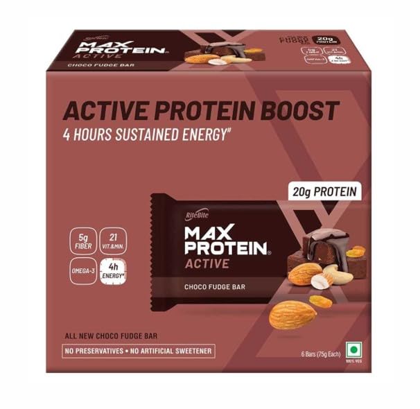 RiteBite Max Protein Active Choco Fudge 20g Protein Bars [Pack of 6] Protein Blend, Fiber, Vitamins & Minerals , No Preservatives, 100% Veg, for Energy, Fitness & Immunity - 450g