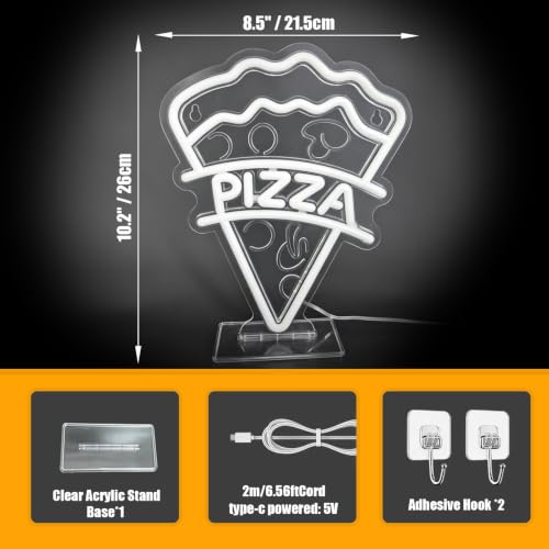 Image of Pizza Neon Sign, Type-C & USB Powered Neon Lights with Base Stand | Food Neon Signs for Kids Bedroom, Game Room, Kitchen, Desk & Wall Art, Aesthetic Room Decor Gift, Hooks Included